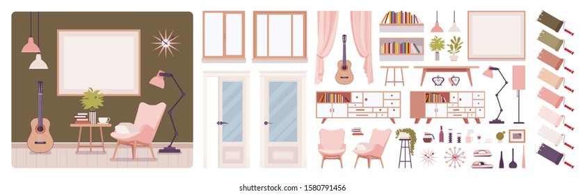 Living room interior, home, office creation set, comfort and classic elegance, kit with furniture, constructor elements to build own design. Cartoon flat style infographic illustration, color palette