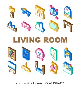 living room interior icons set vector. furniture modern, sofa home, apartment couch, deco, lamp, style indoor living room interior isometric sign illustrations