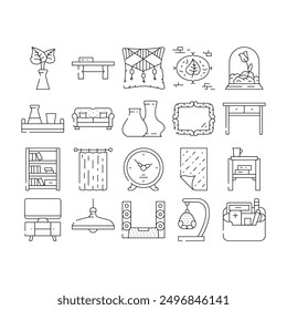 Wohnzimmer Interieur Icons Set Vektor. möbel modern, sofa home, apartment couch, deco, lampe, stil drinnen wohnzimmer innenraum schwarz kontur illustrationen