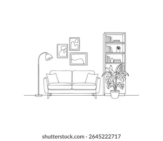 A living room interior is illustrated in black and white, featuring a sofa, bookshelf, lamp, and plant, isolated on white background. The design is modern.