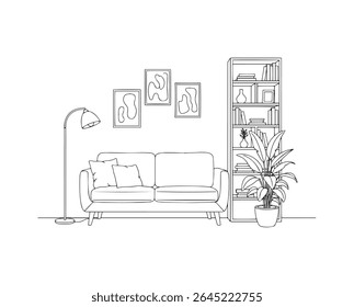 A living room interior is illustrated in black and white, featuring a sofa, bookshelf, lamp, and plant, isolated on white background. The design is modern.
