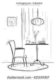 Living room interior illustration with armchair and table.Vector hand drawn sketch of illustration.