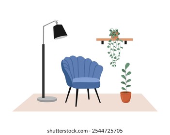 Living room interior illustration. Elegant Modern Sofa. Urban Living Vibes. Potted plant. Floor lamp. Floor Lamp Glow and Sofa Comfort. 