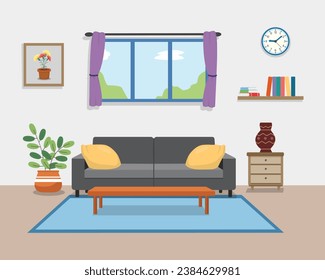 Living room interior illustration with sofa, furniture, table, cabinet, plant, and book shelves