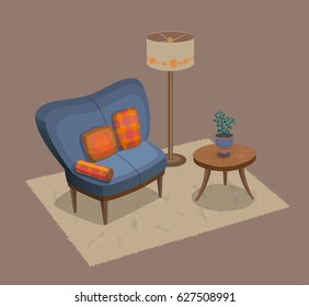 Living room interior including sofa, coffee table, pillows, floor lamp, carpet, indoor plant in the pot. Retro style house furniture. Colorful cartoon illustration.  
