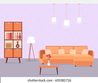 Living room interior including sofa, table, cabinet and floor lamp. Vector illustration in flat style