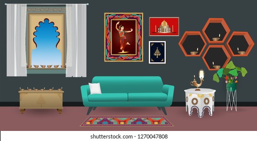 Living room interior with india furniture style and Oil Lamps (Diya) for Diwali celebration. Vector illustration.