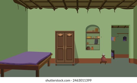 Living room interior. Indian Village hut interior Vector  illustration