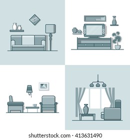 Living room interior indoor set. Linear monocolor stroke outline flat style vector icons. Monochrome icon collection.