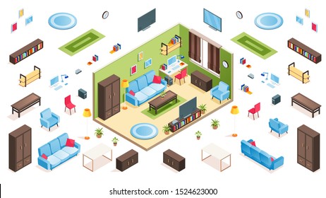 Living room interior and isometric items for apartment constructor. Isolated couch or sofa, chair and table, armchair and vase, plant pot and carpet, picture frame, plasma tv, clock,.Furniture, indoor