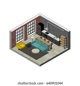 Living room interior in isometric view. Illustration of loft apartment with brick wall.