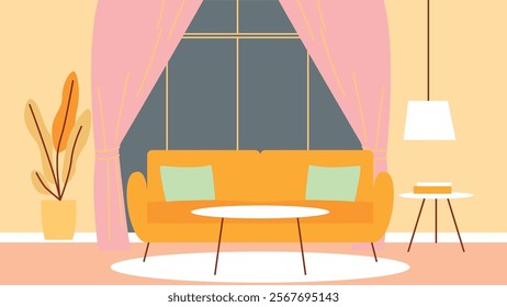 Living Room Interior Landscape Illustration with Sofa Couch and Window on Yellow Wall Background