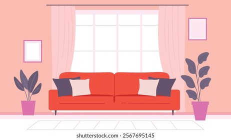 Living Room Interior Landscape Illustration with Sofa Couch and Plant on Pink Wall Background