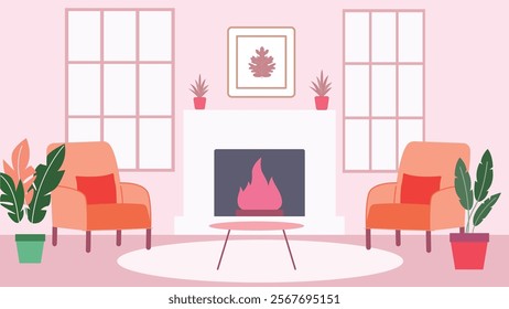 Living Room Interior Landscape Illustration with Armchair and Bonfire on Pink Wall Background