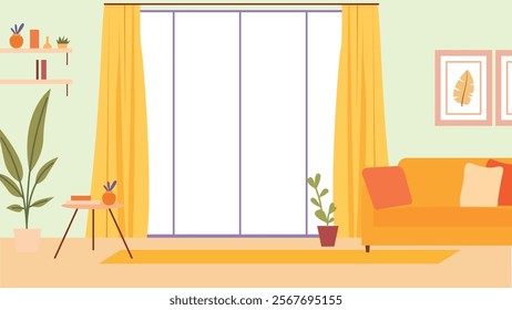 Living Room Interior Landscape Illustration with Sofa Couch and Window on Yellow Wall Background