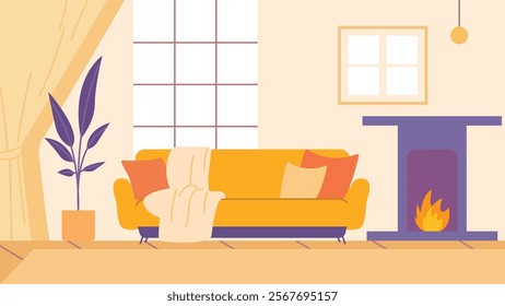 Living Room Interior Landscape Illustration with Sofa Couch and Window on Yellow Wall Background