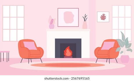 Living Room Interior Landscape Illustration with Armchair and Bonfire on Pink Wall Background