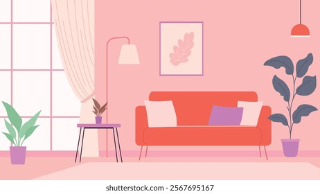 Living Room Interior Landscape Illustration with Sofa Couch and Plant on Pink Wall Background