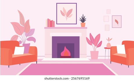 Living Room Interior Landscape Illustration with Armchair and Bonfire on Pink Wall Background