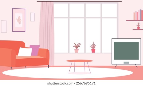 Living Room Interior Landscape Illustration with Sofa Couch and Television on Pink Wall Background