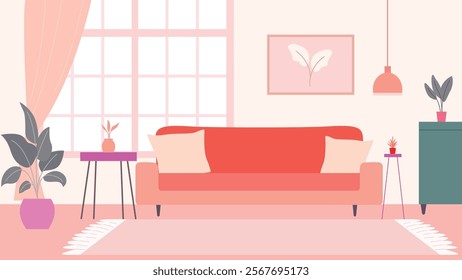 Living Room Interior Landscape Illustration with Sofa Couch and Plant on Pink Wall Background