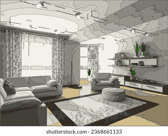 Living room interior with a large corner sofa, an armchair and a round coffee table. Graphic execution.