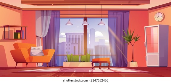 Living room interior with large panoramic windows and megalopolis cityscape. Modern apartment with city skyline view, cozy armchair, plants and furniture, home design, Cartoon vector illustration
