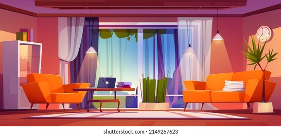 Living room interior with large panoramic windows and view on front yard landscape with lawn and trees. Modern house cottage apartment with cozy furniture, home design, Cartoon vector illustration