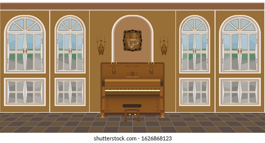 living room interior with large windows and piano. The interior of the old living room