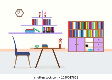 living room interior library with table chair bookcase shelf coffee cup flower vase clock. design Vector illustration with copy space add text