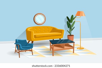 Living room interior with lighting from lamp vector illustration. Drawing of yellow sofa, blue chair, wooden coffee table, ambiance of area or space. Furniture, interior design, functionality concept