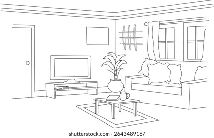 Living Room Interior Line Art, Simple black and white line drawing illustration of a cozy living room interior with furniture and decorations. Ideal for coloring pages, design concepts, or