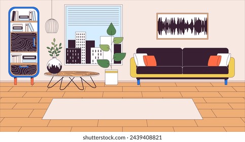 Wohnzimmer Innenlinie Cartoon flache Illustration. Komfortabel eingerichtetes Haus. Wohnung mit eleganten Möbeln 2D lineart Landschaftshintergrund. Vektor-Farbbild der Wohnhaus-Szene