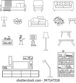 living room interior line furniture isolated icons for home design vector, sketch illustration of table chair sofa lamp office concept