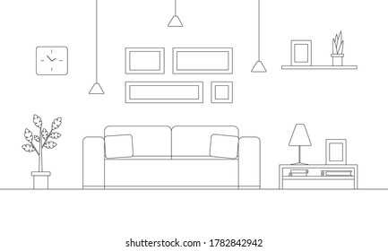 Living room interior in line style design. Outline sketch of sofa, vase with flowers, table and lamp. Vector illustration