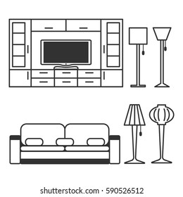 living room interior in line style. Vector illustration isolated on a white background.