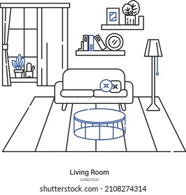 sala de estar línea interior vectorial ventana sofá mesa flor