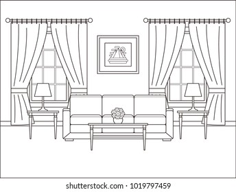 Living room interior. Linear room in flat design with window. Vector. Outline background. Home space with furniture in line art. Coloring page. Salon. Thin line illustration. Cartoon house sketch.