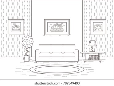 Living room interior. Linear room in flat design. Vector illustration. Line art. House equipment. Outline home space with sofa, coffee table and lamp. Cartoon furniture.