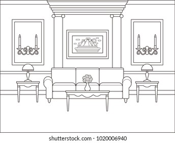 Living room interior. Linear room. Vector. Outline background in classic style. Coloring page. Black white sketch salon with columns. Thin line illustration in flat design. Home space with furniture.