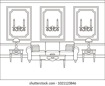 Living room interior. Linear room. Vector. Outline background in flat design. Home space with furniture in line art. Coloring page. Salon in classic style. Thin line illustration. Cartoon house sketch