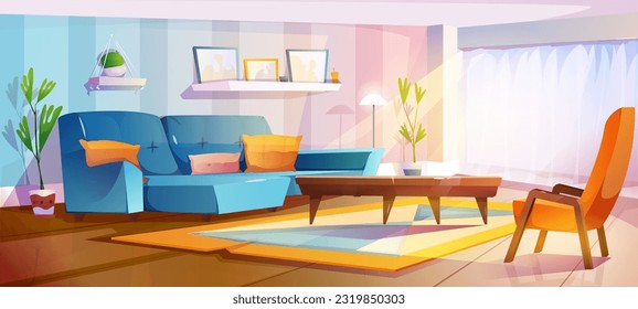 Living room interior. lounge with sofa, cushions, armchair, coffee table, window, carpet, potted plants and shelves. Horizontal banner with cozy light home design. Cartoon flat vector illustration