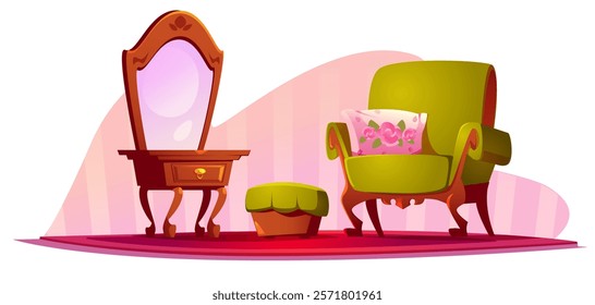 Living room interior in luxurious royal style. Vector illustration on white background. Living room furniture with green armchair and dark wood dressing table decorated with gold in luxurious vintage 