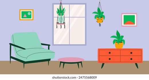 Living room interior with macrame plant. Vector illustration