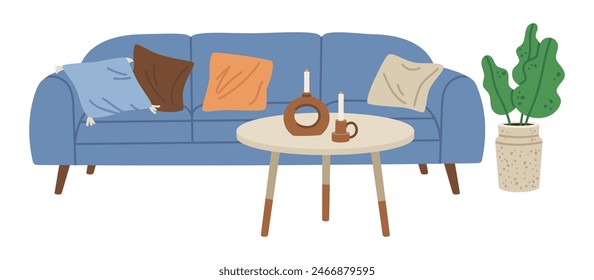 Living room interior. Minimalist home decoration, comfy couch and tea table flat vector illustration. Trendy contemporary interior