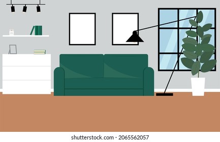 Living room interior in a minimalistic style. Scandinavian style. Minimalism. Green sofa in the interior. Modern interior.