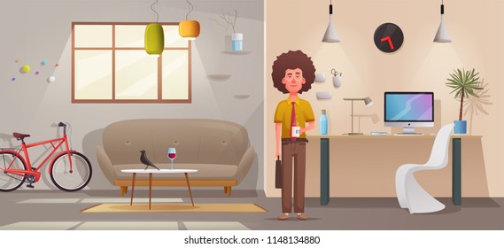 Living room interior. Modern apartment, scandinavian or loft design. Cartoon vector illustration. Creative office and home. Comfortable living or working space.  