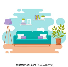 Living room interior. Modern banner. Vector design of a cozy room with sofa, floor lamp, cute cat, and decor accessories. Home furnishings. Flat illustration isolated on white background.