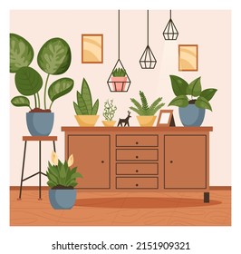 Living room interior. Modern cozy and stylish apartment with furniture and house plants. Lounge with decorative shelves and lamps. Flat vector illustration