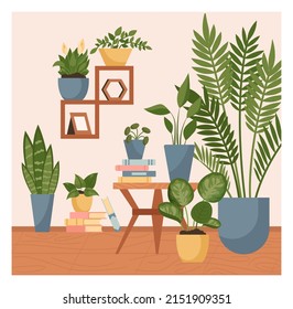 Living room interior. Modern cozy and stylish apartment with furniture and house plants. Lounge with decorative shelves and lamps. Flat vector illustration